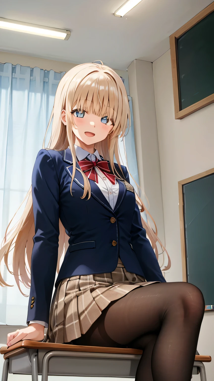 {{{masterpiece}}}, {{{best quality}}}, {{ultra-detailed}}, {illustration}, {{an extremely delicate and beautiful}}, (beautiful detailed eyes:1.6), extremely detailed face, 16k, anime face, Shiina Mahiru(The Angel Next Door Spoils Me Rotten), aamahiru, cute face, long hair, Blonde Hair, Brown eyed(High resolution eyes, Beautiful eyes、Light in the eyes), flushed cheeks, Slender, medium breasts, thin waist, big hips, curvaceous, red bowtie, blue jacket, blazer, long sleeves, white shirt, pleated skirt, plaid skirt, brown skirt, pantyhose, zettai ryouiki, BREAK ,1girl, cowboy shot, (teacher:1.4), open mouth, kyoushitsu, classroom, indoors, school chair, school desk, chalkboard, window, ceiling light, curtains, smiling, peer in from below, looking at viewer, daytime, sit on the desk, spread legs, smiling, flushed cheeks