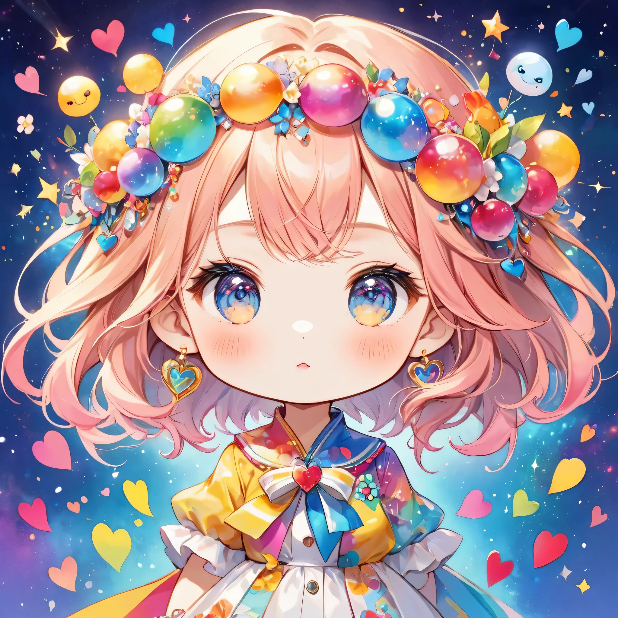 Mika Pikazo colorfull style, Simple Line Initialism,Abstract art,(((The most beautiful girl of all time))), (((chibi))), Sweet face. colorful hearts, funny design, (((bosom buddy ))), (((Cute Aliens))), The background is space