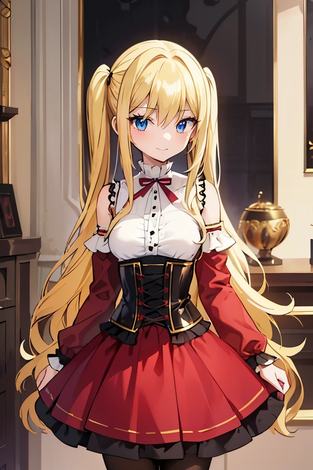 masterpiece,best quality, solo, 1 girl, female figure, yellow hair, hime cut, blunt bangs, extra long hair, crystal blue eyes, sharp detailed eyes, white pantyhose, indoors, golden blonde hair, shy smile, ouji clothes, cowboy shot, voluminous hair, wavy hair, cute girl, (medium small breasts), (young female body: 1.4), ouji fashion, long skirt, ouji style clothes, black corset, dark red skirt, black outfit, voluminous twin tails, red skirt, dark red details, long sleeves dress, dark red skirt