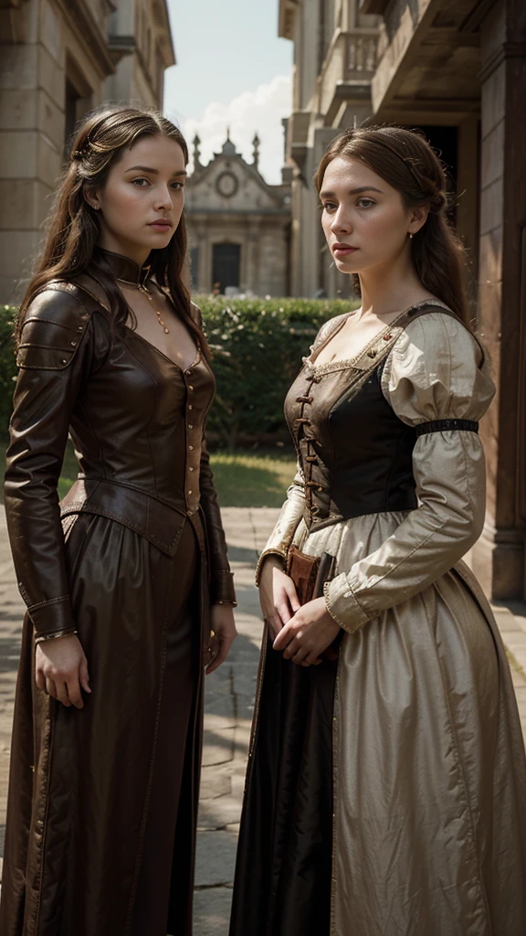 Digital painting portraying two women, one representing past times, adorned in period clothing, reminiscent of the Renaissance era, alongside, the other in futuristic attire representing the future, stands against a juxtaposing backdrop with elements from their respective eras, detailed, both with a central face in sharp focus, ultra realistic textures, cinematic quality
