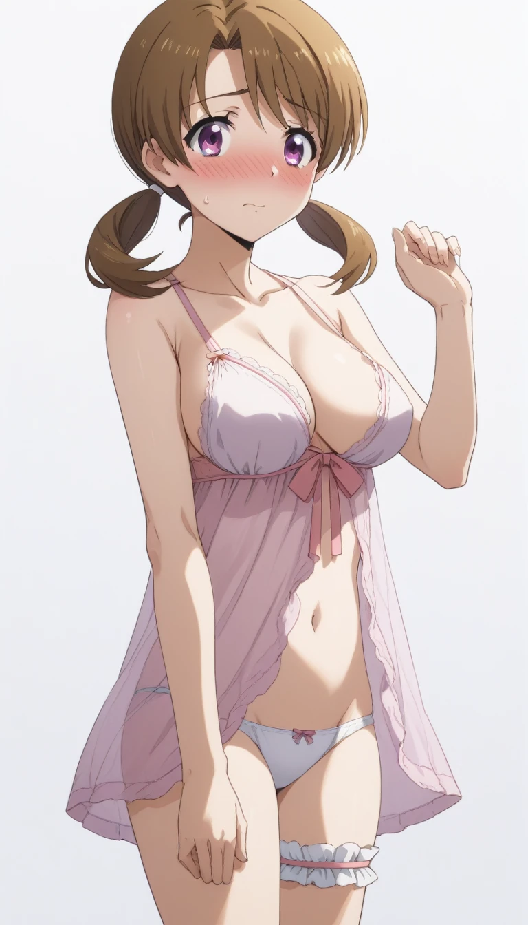 score_9, score_8_up, score_7_up, rating_explicit, 1girl, solo, honoka mitsui, mahouka koukou no rettousei, mitsui honoka, purple eyes, brown hair, medium hair, twintails, low twintails, large breasts, babydoll, underwear, underwear only, panties, collarbone, navel, bare arms, bridal garter, sideboob, cowboy shot, looking at viewer, standing, simple background, white background blush, nose blush, nervous