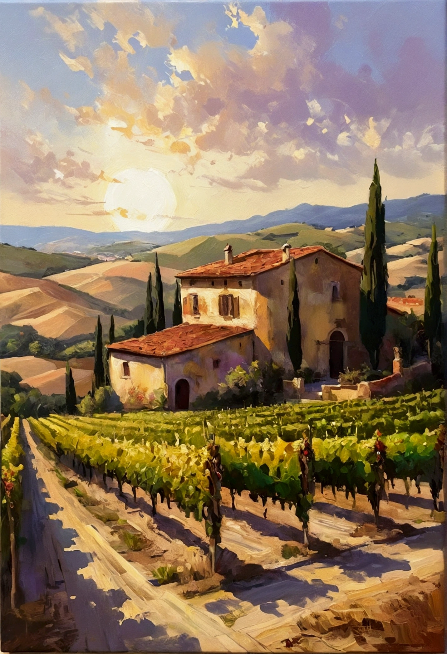Image of historical pizzaria in tuscany, portrayed in a lush oil painting style with dynamic, rich strokes and a palpable thickness of paint evoking a sense of movement, set against a beautifully rendered vineyard bathed in golden sunlight. The composition merges historical elegance with contemporary sensuality,  while the background features sprawling grapevines and soft hills that add depth and warmth, creating an inviting and harmonious atmosphere.
