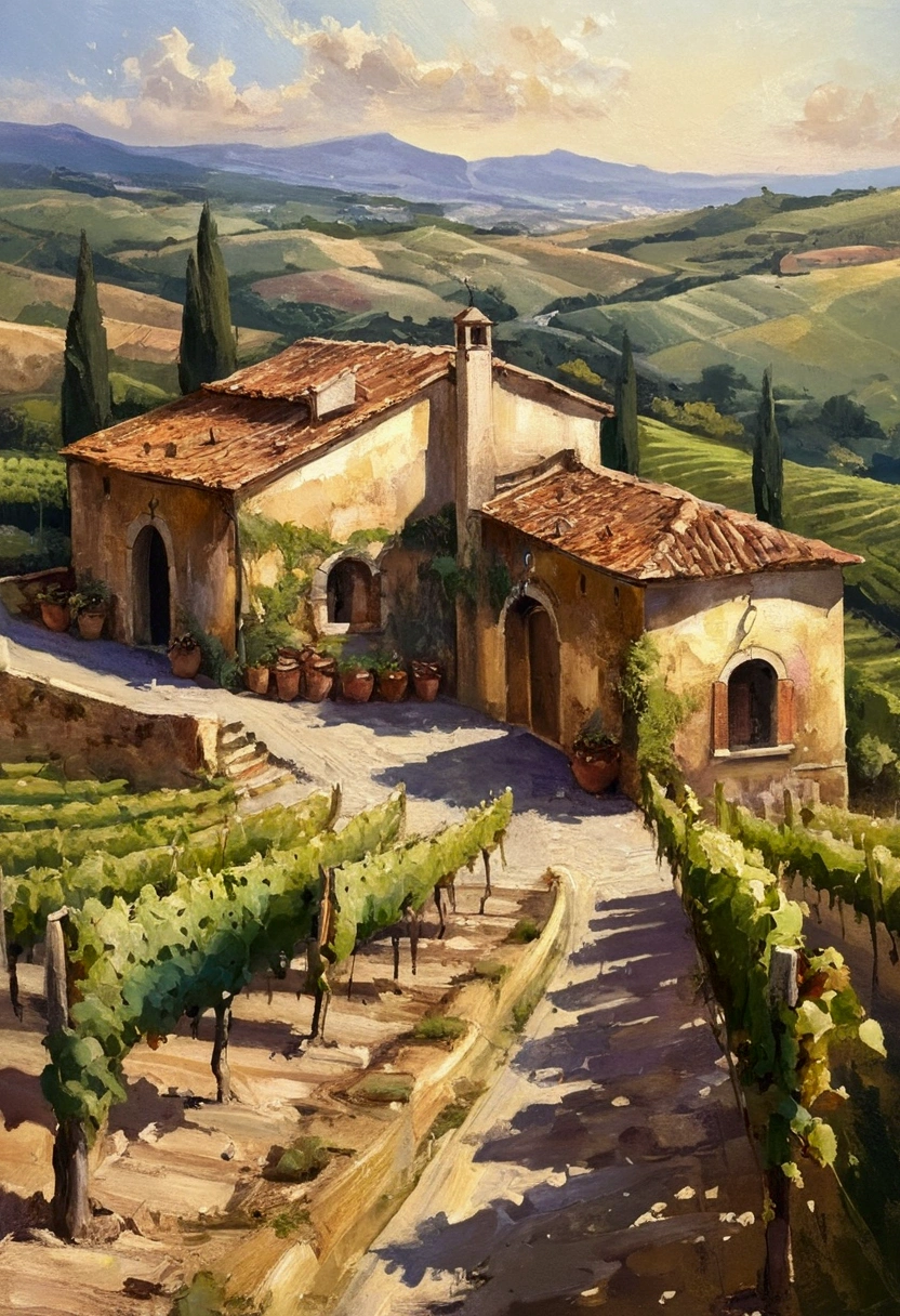 Image of historical pizzaria in tuscany, portrayed in a lush oil painting style with dynamic, rich strokes and a palpable thickness of paint evoking a sense of movement, set against a beautifully rendered vineyard bathed in golden sunlight. The composition merges historical elegance with contemporary sensuality,  while the background features sprawling grapevines and soft hills that add depth and warmth, creating an inviting and harmonious atmosphere.
