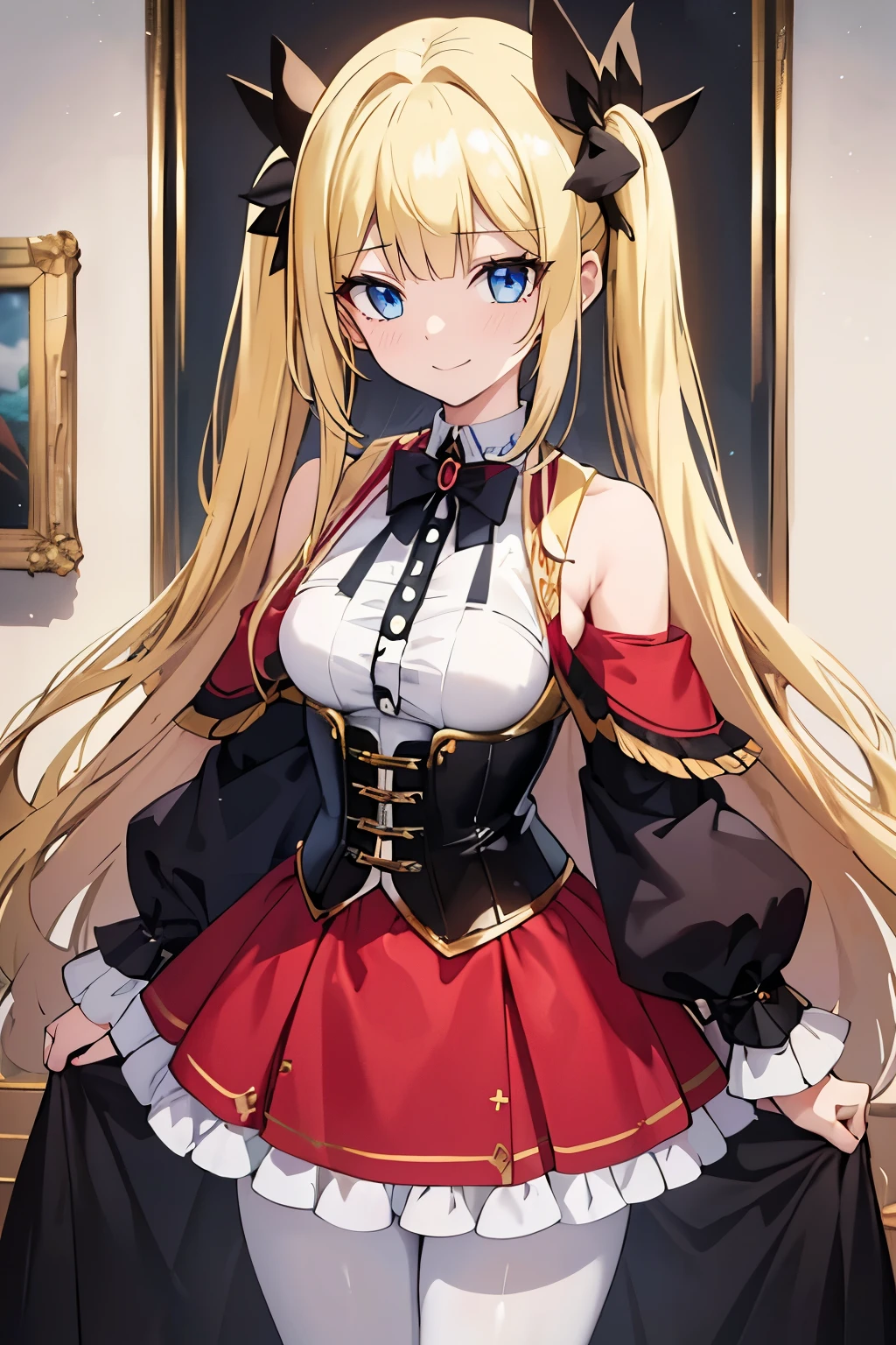 masterpiece,best quality, solo, 1 girl, female figure, yellow hair, hime cut, blunt bangs, extra long hair, crystal blue eyes, sharp detailed eyes, white pantyhose,  indoors, golden blonde hair, shy smile, ouji clothes, cowboy shot, voluminous hair, wavy hair, cute girl, (medium small breasts), (young female body: 1.4), ouji fashion, long skirt, ouji style clothes, black corset, dark red skirt, black outfit, voluminous twin tails, red skirt, dark red details, long sleeves dress, dark red skirt