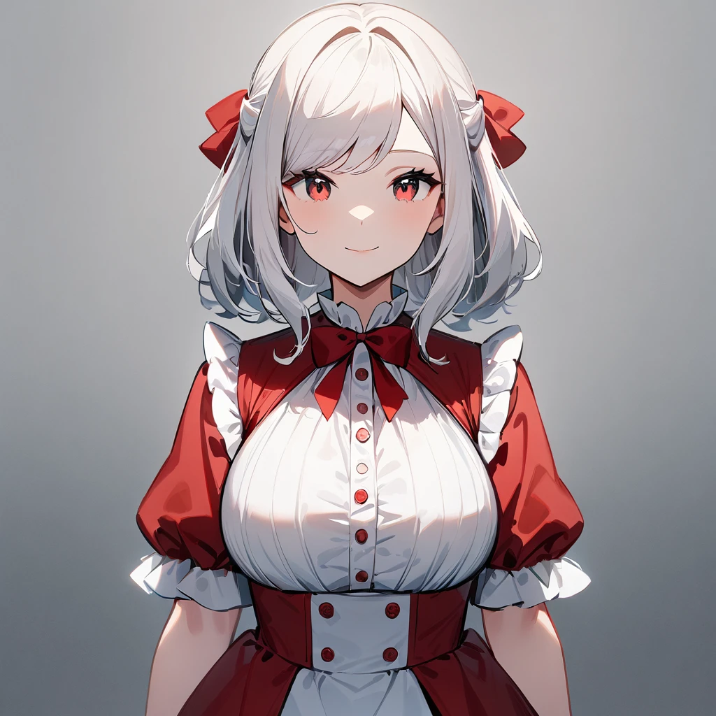 1girl,Solo,White hair,Blue and red, swept bangs,straight-on,medium hair,big breast,masterpiece, best quality,very aesthetic,absurdres,(hair bow),(Low brightness),(frill dress),(red),(light smile)