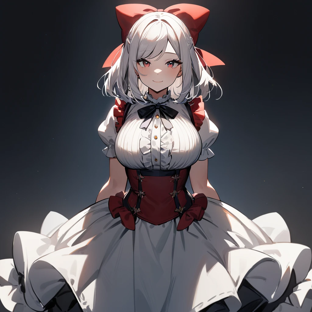 1girl,Solo,White hair,Blue and red, swept bangs,straight-on,medium hair,big breast,masterpiece, best quality,very aesthetic,absurdres,(hair bow),(Low brightness),(frill dress),(red),(light smile)