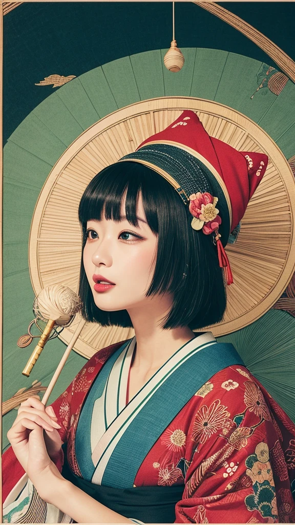 Transform the depicted character from a traditional Japanese woodblock print style into a highly realistic photograph, enhancing the vividness and maintaining the unique characteristics such as the single large eye, long tongue, and conical hat.