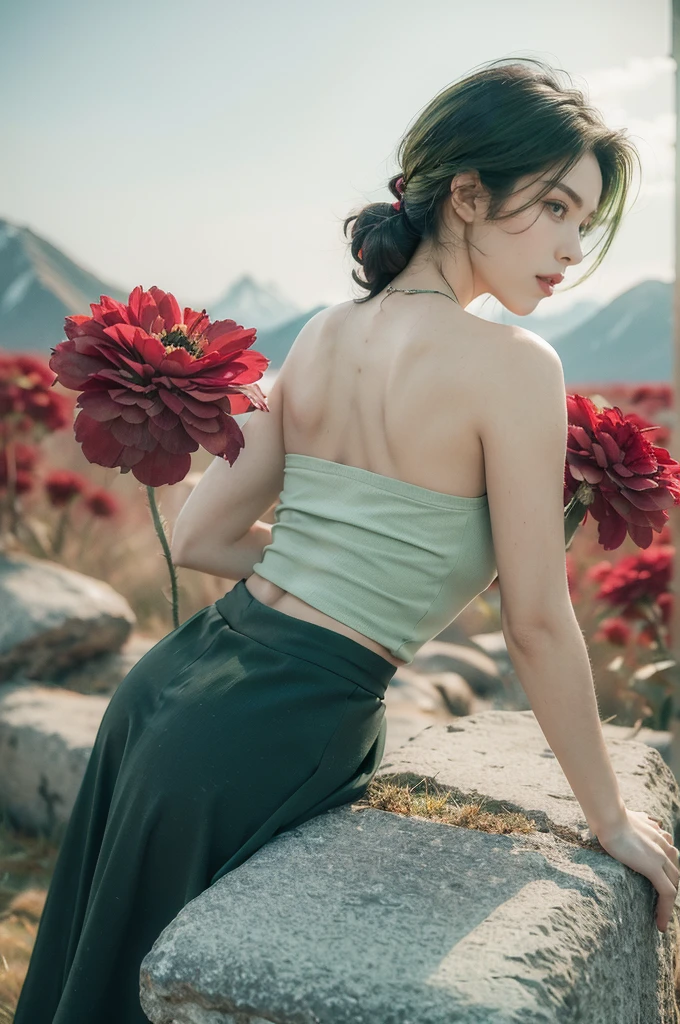 (((best quality))),(((ultra detailed))),(((masterpiece))),illustration,((1 beautiful girl,tomboy,solo)),(short black hair:1.3),((slim,thin)),((strapless,bare back)),vigorous, confident, (light green tank top:1.3), (dark green skirt:1.2),(standing:1.3),simplicity, robustness, strong features, (Abandoned Gobi Scene:1.3),(Rock surface:1.2),glowing eyes, rebellious, sensible, (mountainous landscape:1.3), (beside a vibrant red flower:1.3),elegance, unyielding spirit, youthful beauty, strength, resilience, adversity, challenges,((from back,upper body))