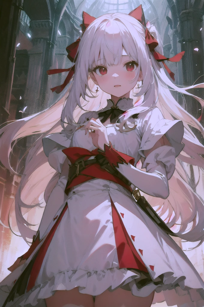 Beautiful illustrations, Highest quality, Cute girl, (Conversion Sequence), Transformation Magical Girl, Little, White Magical Girl, Fractal Art, albino, Baby Face, Long pure white red mesh hair, Beautiful and detailed red eyes, Cinema Lighting, Cowboy Shot, View your viewers, From below, Happy