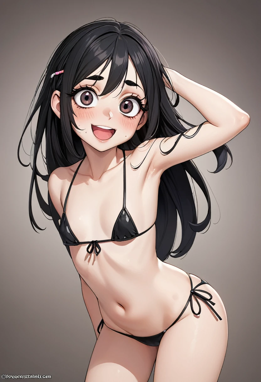High quality, high definition, detailed depiction, True to anatomy, 1 girl, , Black hair, long hair, hairpin, Black gradation eyes, Big eyes, droopy eyes, thick eyebrows, long eyelashes, Freckle makeup, Provocative smile, slightly open mouth, Tiny Bikini,Small breasts, nsfw, open vagina,