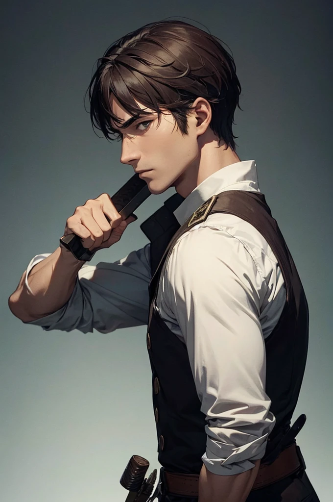 Man holding a sword in front of his face