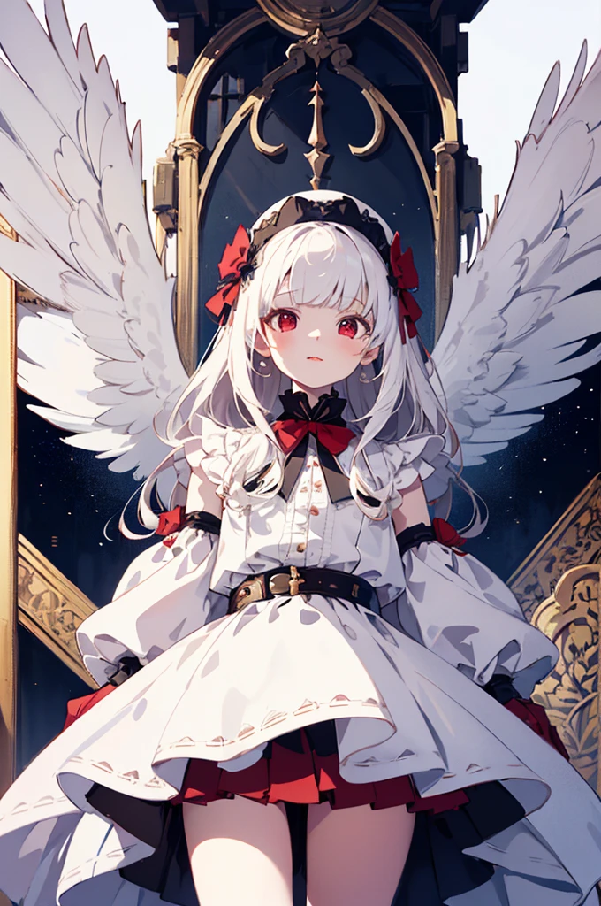 Beautiful illustrations, Highest quality, Cute  girl, (Conversion Sequence), Transformation Magical Girl, Little, White Magical Girl, Fractal Art, albino, Baby Face, Long pure white red mesh hair, Beautiful and detailed red eyes, Cinema Lighting, Cowboy Shot, View your viewers, From below, Happy