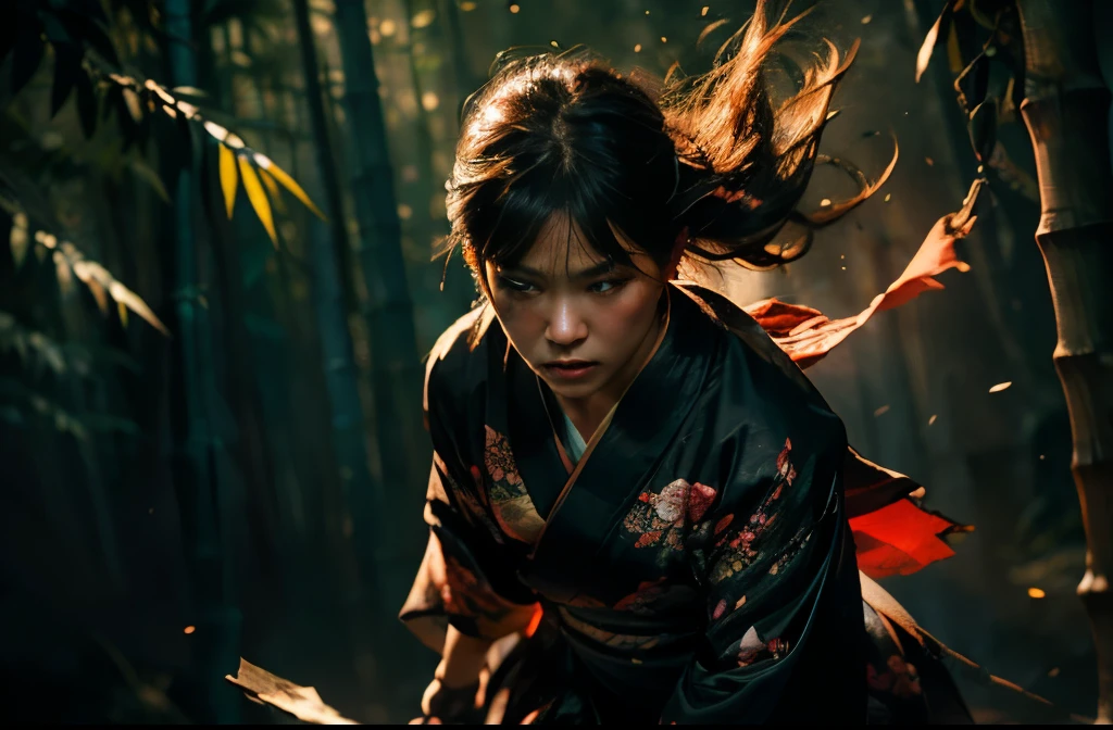 (masterpiece:1.2),(Best image quality,4K,8k,High resolution),Super Detail,(Realistic,Realistic,Realistic:1.37),Ninja girl captured by the enemy, Delicate brushwork, Elaborate kimono, Sharp Eye, Delicate facial features, Flowing black hair, Hidden weapons, Bamboo forest background, Tied up with rough rope, Kneel, costume Half torn, Dark and mysterious atmosphere, Graceful Movement, Delicate lighting, moving composition, Half torn. Tied up with rough rope背景, costume Half torn, Dark Mysterious Atmosphere, Graceful Movement, Delicate lighting, moving composition, Vibrant colors, traditional Japanese painting style, Harmonious tone, Red and Black