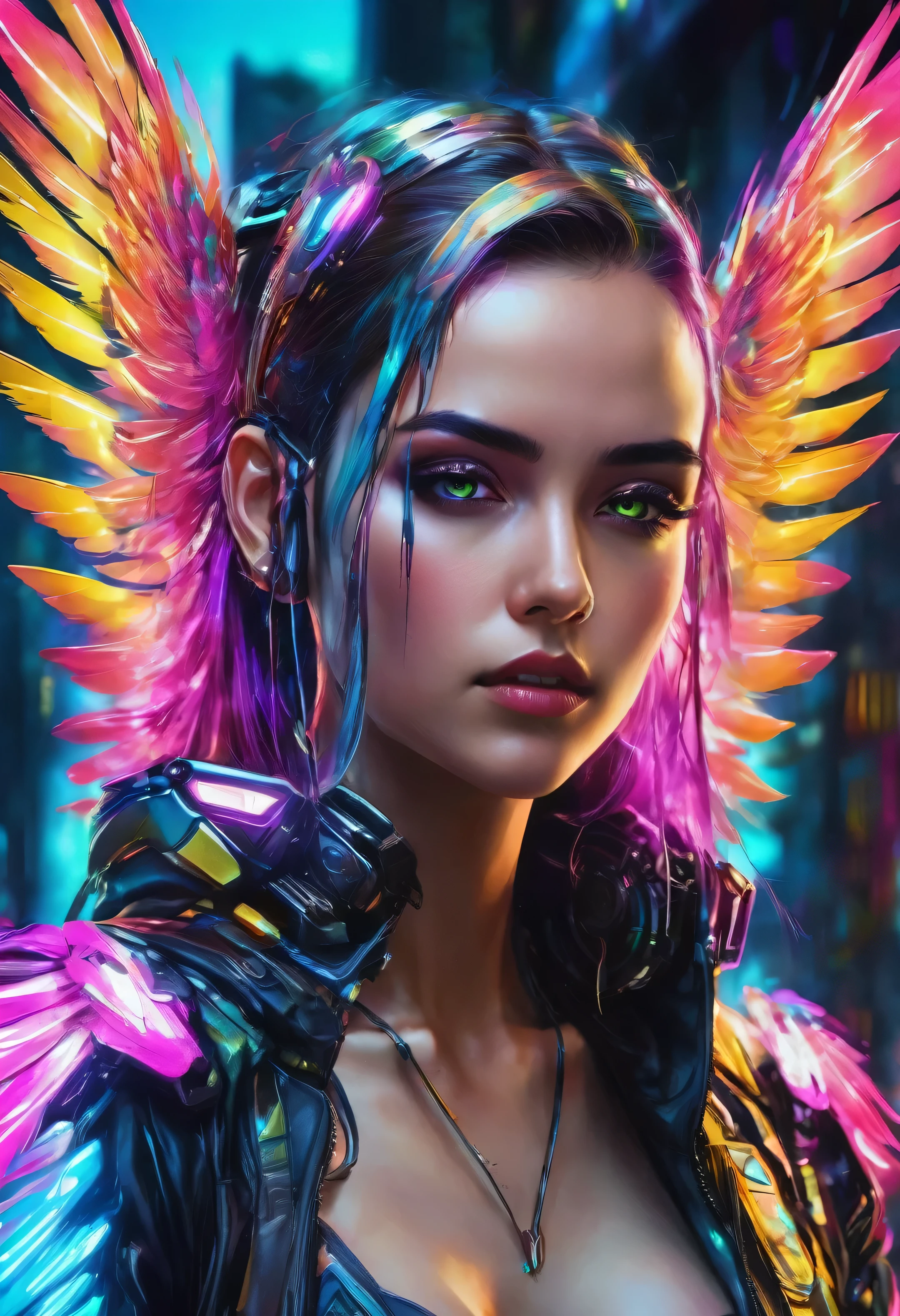 Create a mesmerizing portrait of a young cyberpunk woman exuding ethereal beauty, Colorful angelic wings emerging from her shoulder blades, capture her fierce yet delicate essence. Show intricate details of her electrifying style and vibrant personality.