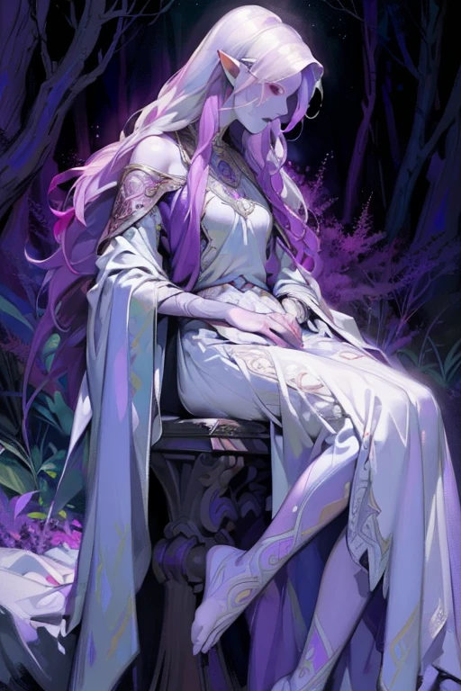 ((ultra realistic illustration:1.2)),(dark fantasy:1.4), In a mystical forest. Beautiful Elven mage. Wild (magenta hair), violet eyes, ((very pale:1.4)), beautifully fit figure, small perky breasts. (tribal war paint), long dress, bare feet .Masterpiece, (highly detailed:1.2),(detailed face and eyes:1.2), 8k wallpaper, natural lighting. core shadows, high contrast, bokeh.