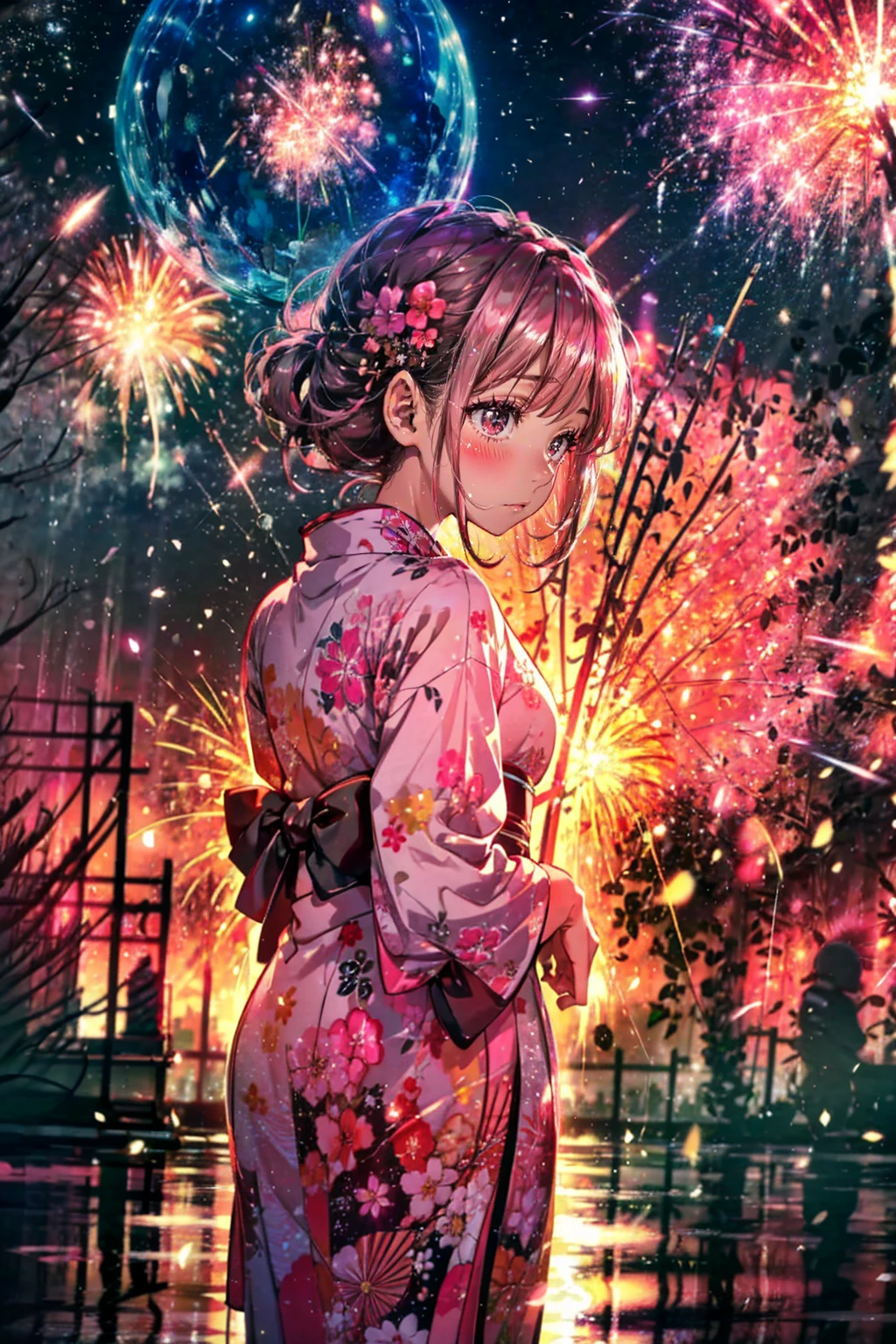 1girl,solo,cute,yukata,summer,at night,fireworks,brilliant,pink,white