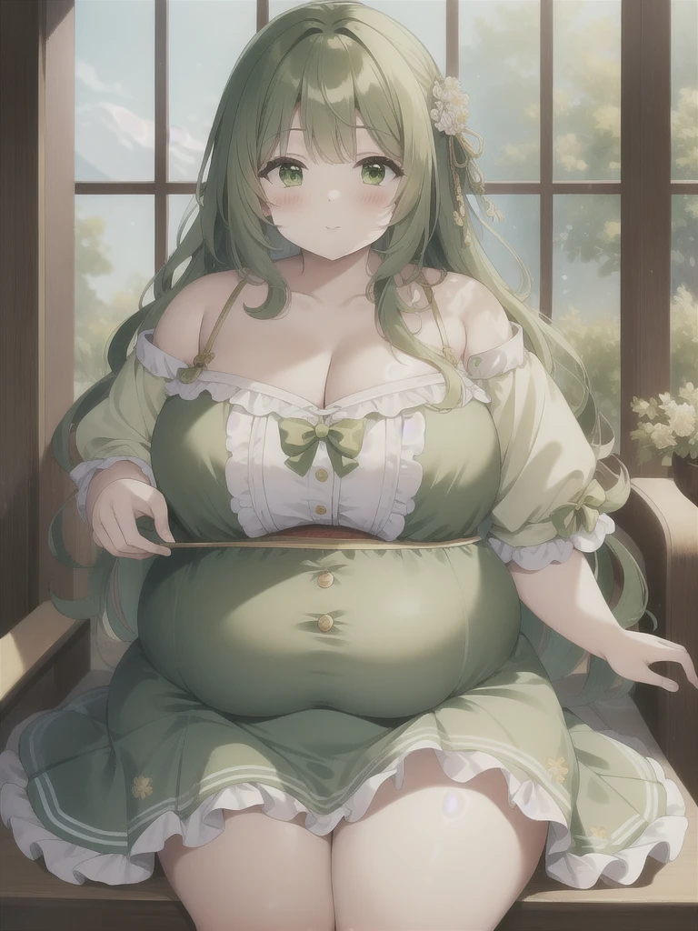 (masterpiece)､(Highest quality),  (High Resolution)､Intricate details,
One girl,    Green Hair,Chubby､obesity,McDonald&#39;s uniform、Super big breasts、Big Ass、