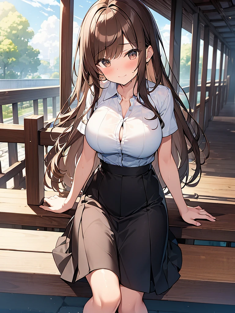 (Masterpiece, Top quality: 1.5) ,(1 girl, solo :1.2), (large breasts:1.4), cleavage:1.1, (cute design short-sleeved shirt, midi skirt:1.4), standard weight, (brown hair:1.4), (airy hair, wavy hair:1.3), long hair ,asymmetry bangs, swept bangs, 12 year old, smile:1.2, (flustered:1.4), beautiful scene of station platform, dynamic pose, magnificent panorama view, sitting on the chair, wet:1.1