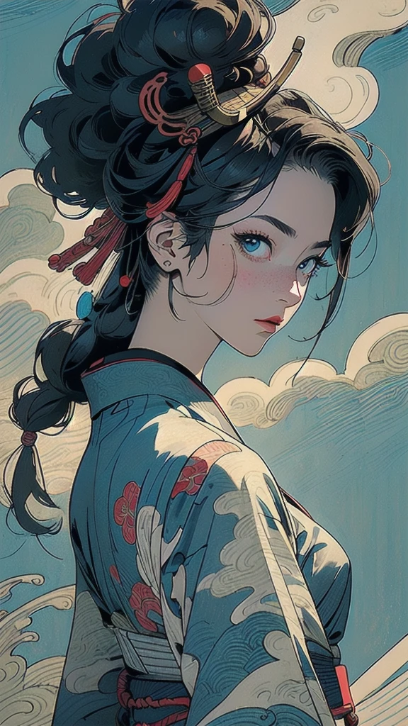 (((masterpiece, highest quality))),,(((solo:1.2))),(((1girl:1.2))),32k wallpaper, very detailed, poster, vintage science fiction,(((((portfolio))))),(((((Close-up))))),(((((bust up))))),((((more various angle)))),((((highlight)))),((((heterochromia)))),(((complete. detailed face))),(((detailed unlimited complete equipment : rail gun))),(((((Absolutely Realistic Clouds background))))),(((Texture for people : halftone))),((Open your mouth wide)),(((Wind God and Thunder God))),(((Ukiyo-e))),