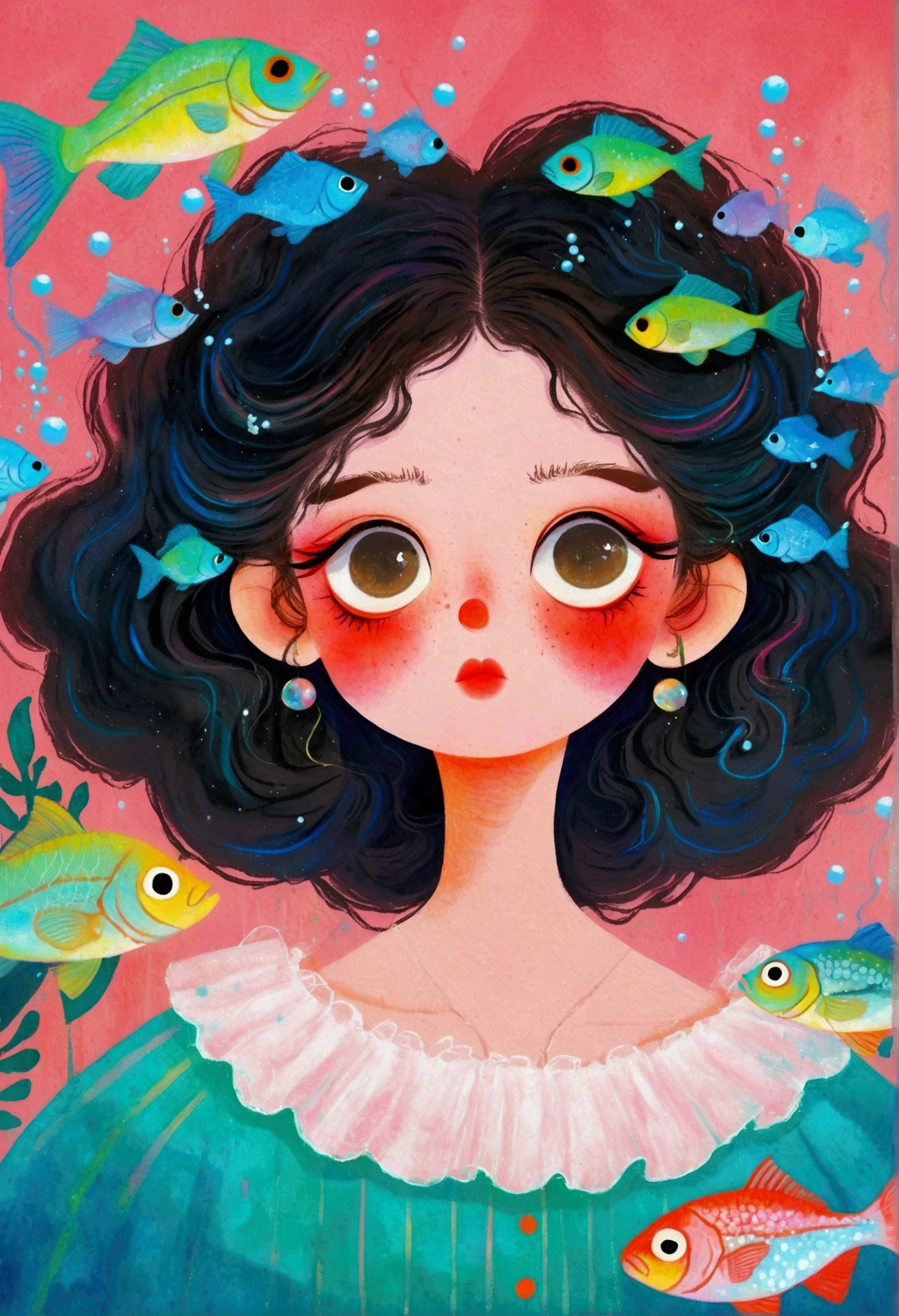 Pastel Art Illustration:A painting of a woman with fish in her hair,Bubbles, Jin Nong's Surrealism, Winner of the Behance competition, Pop surrealism, Color illustrations, A beautiful artistic illustration, Colorfull illustration, Pop surrealism art style, Digital illustration style, Fantasy illustrations, Illustration Art, Magical surrealism, Digital fantasy illustration, Pop surrealism lowbrow art style,Solid color background