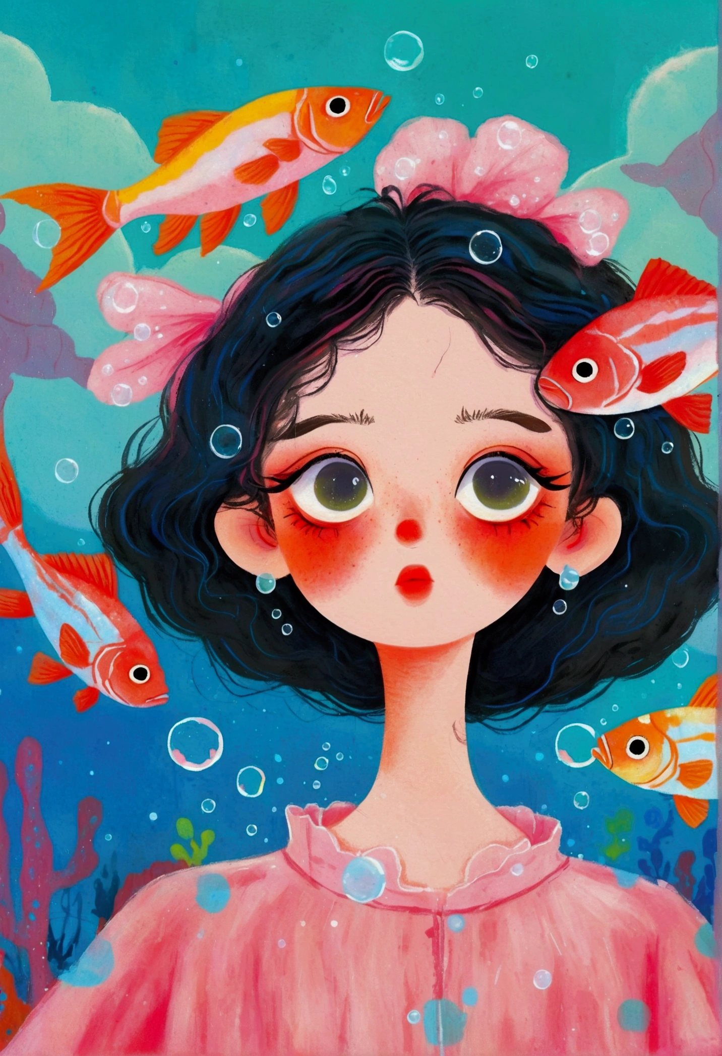 Pastel Art Illustration：A painting of a woman with fish in her hair,Bubbles， Jin Nong&#39;s Surrealism, Winner of the Behance competition, Pop surrealism, Color illustrations, A beautiful artistic illustration, Colorfull illustration, Pop surrealism art style, Digital illustration style, Fantasy illustrations, Illustration Art, Magical surrealism, Digital fantasy illustration, Pop surrealism lowbrow art style,Solid color background
