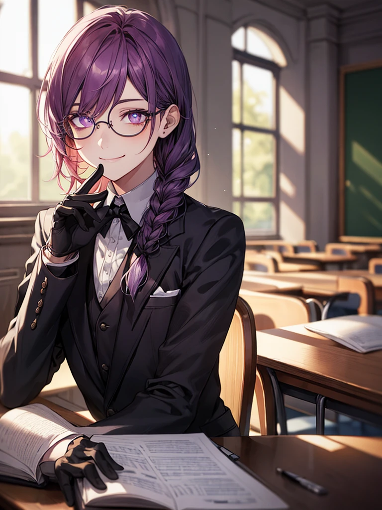 men's，single braid hair，violet colored hair，（Eye 1：2，Clear eyes，Elaborate Eyes，Delicate pupils，Good eyes，eye detailed），Face Focus，Adult，In black suit，best qualtiy，facial detailing，‎Classroom，sit on desk，sitting in the couch，lazy，Detailed background，diffuse sunlight，depth of fields，Studying　Smiling at your desk, violet eyes,black gloves, round glasses, long sleeves,violet hair, smile,