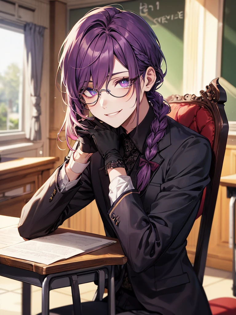 men's,single braid hair,violet colored hair,(Eye 1:2,Clear eyes,Elaborate Eyes,Delicate pupils,Good eyes,eye detailed),Face Focus,Adult,In black suit,best qualtiy,facial detailing,Classroom,sit on desk,sitting in the couch,lazy,Detailed background,diffuse sunlight,depth of fields,Studying Smiling at your desk, violet eyes,black gloves, round glasses, long sleeves,violet hair, smile,