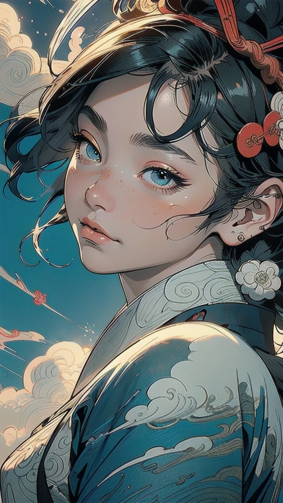 (((masterpiece, highest quality))),,(((solo:1.2))),(((1girl:1.2))),32k wallpaper, very detailed, poster, vintage science fiction,(((((portfolio))))),(((((Close-up))))),(((((bust up))))),((((more various angle)))),((((highlight)))),((((heterochromia)))),(((complete. detailed face))),(((detailed unlimited complete equipment : rail gun))),(((((Absolutely Realistic Clouds background))))),(((Texture for people : halftone))),((Open your mouth wide)),(((Wind God and Thunder God))),(((Ukiyo-e))),