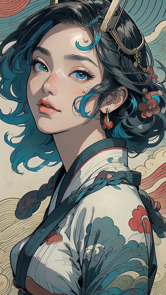 (((masterpiece, highest quality))),,(((solo:1.2))),(((1girl:1.2))),32k wallpaper, very detailed, poster, vintage science fiction,(((((portfolio))))),(((((Close-up))))),(((((bust up))))),((((more various angle)))),((((highlight)))),((((heterochromia)))),(((complete. detailed face))),(((detailed unlimited complete equipment : rail gun))),(((((Absolutely Realistic Clouds background))))),(((Texture for people : halftone))),((Open your mouth wide)),(((Wind God and Thunder God))),(((Ukiyo-e))),