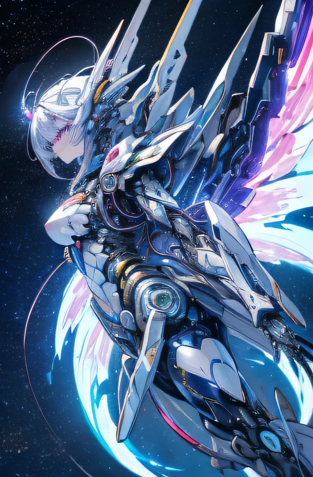 (((masterpiece))), (((Highest quality))), ((Very detailed)), (Highly detailed CG illustrations), ((Very delicate and beautiful)),(From the side),Cinematic Light,((1. Machine Girl)),alone,Hair is purple、whole body,(Machine made joints:1.2),((Mechanical Limbs)),(Mechanical blood vessels connected to the abdomen),(Mechanical wings attached to the back),((Cervical vertebrae mechanically attached to the neck))(Floating in the air),Expressionless,(wires and cables around the neck:1.2),(Nipples are light blue)、topless、(Overhead Wires and Cables:1.2),sf,Very detailed,colorful,Most detailed、A starry sky, mysterious,Outdoor、 Awe-inspiring expressions, Dynamic pose、(Mechanical blood vessels directly connected to the vagina)、Eyes glow yellow、Giant planet in the background、Inspiration, 3January, poker face,(Tube leading to the anus)、 Inside the spaceship, Starry Sky, Dynamic configuration、Huge spaceship、Fisheye Lens、Wide-angle lens、Wide angle of view、Countless floating magic circles、Doors to Heaven