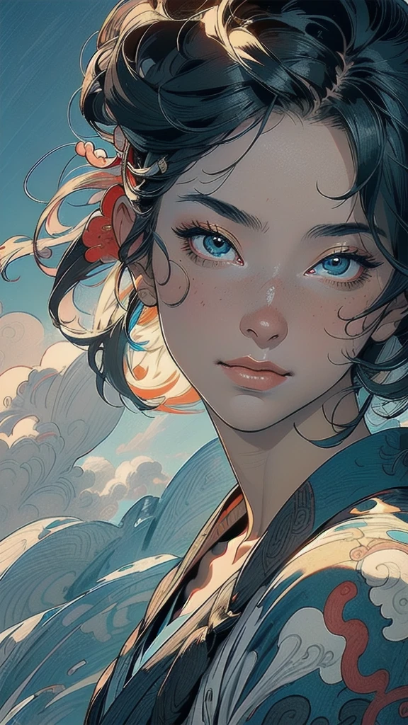 (((masterpiece, highest quality))),,(((solo:1.2))),(((1girl:1.2))),32k wallpaper, very detailed, poster, vintage science fiction,(((((portfolio))))),(((((Close-up))))),(((((bust up))))),((((more various angle)))),((((highlight)))),((((heterochromia)))),(((complete. detailed face))),(((detailed unlimited complete equipment : rail gun))),(((((Absolutely Realistic Clouds background))))),(((Texture for people : halftone))),((Open your mouth wide)),(((Wind God and Thunder God))),(((Ukiyo-e))),