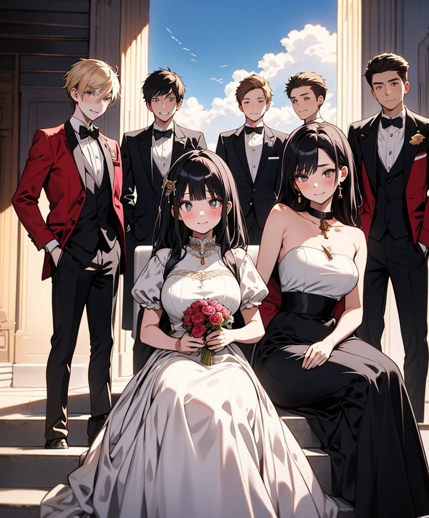 (masterpiece, Highest quality), (Absurd:1.2), (Super detailed, 8k, Ultra-high resolution:1.2), (4 beautiful girls and 4 handsome boys:1.3), young, slim, (Structure of the film), blush, Smile, Dramatic lighting, (short body, body), (Group shot, gathered together, friend), (Several boys:1.2), View your viewers, Are standing, Sitting, Pause, , (Multiple loving couples:1.2), V sign