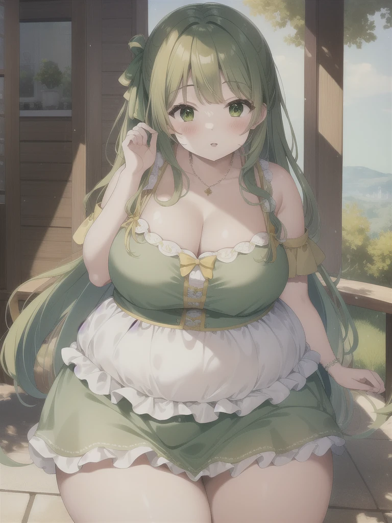 (masterpiece)、(Highest quality), (High Resolution)、Intricate details,
One girl, Green Hair,Chubby、obesity,McDonald's uniform、Super big breasts、Big Ass、Narrow waist、