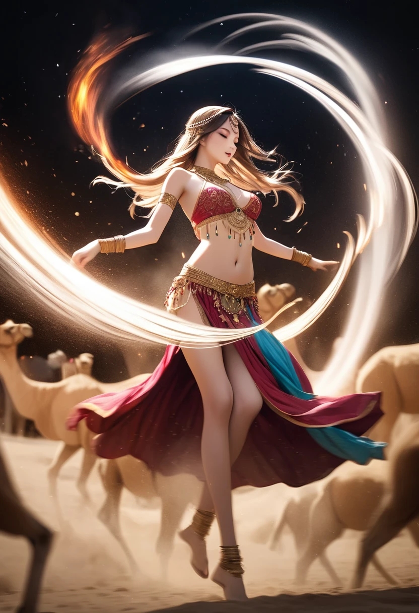 long exposure photo of a sexy tall girl as harem dancer in motion, full body, royal belly dancer dress, dancing in the moon night, shiny porcelain skin, few camels behind, focus on the girl, soaring the sky, blurred edges, low angle, below view, slow shutter speed motion photography, whirl dust trail behind, shot on FujiFilm XT4 camera f/2. ISO 200, dynamic motion, cinematic movement, blurry edges, super detailed, perfect face, perfect motion, side view, best quality, dust trail along the motion with a fire element transition movement of color background