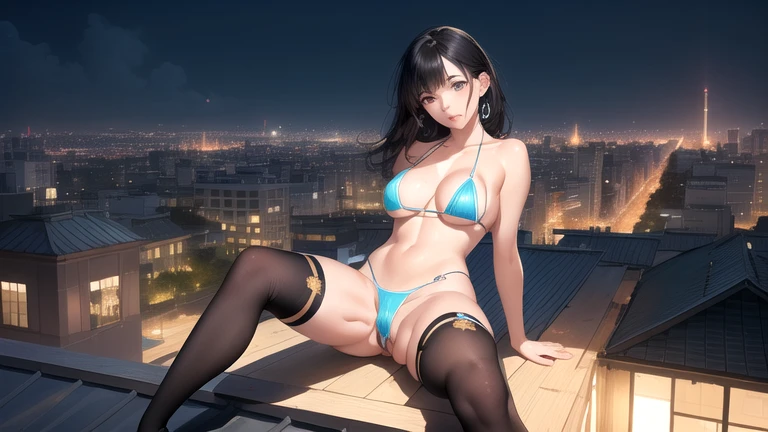 ((Micro bikini that accentuates sexy breasts:1.75)))、(((Sexy knee-highs:1.35)))、((((Emphasizes the sexy crotch:1.35)))、((((Spread your legs wide、Touching the thigh、There is a lot of pubic hair showing off the crotch、large pointy breasts))))、Anime style portrait, Young woman with short black hair and bangs, Large expressive eyes, A little blush, To the camera, Tilt your head a little, Wearing a dark top, On the rooftop of a building with the night view in the background, Colorful pastel aesthetic, Detailed illustrations, Sharp focus, Digital Art