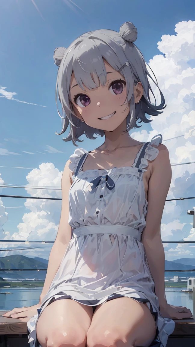 masterpiece, Highest quality, High resolution, Very detailed,(((Koharu Rikka))), (((white ground)))、(((electric wire)))、(((smile)))、(((Sitting far away))), Wearing a white dress。, Electric pole, blue sky, Looking down on me from above。