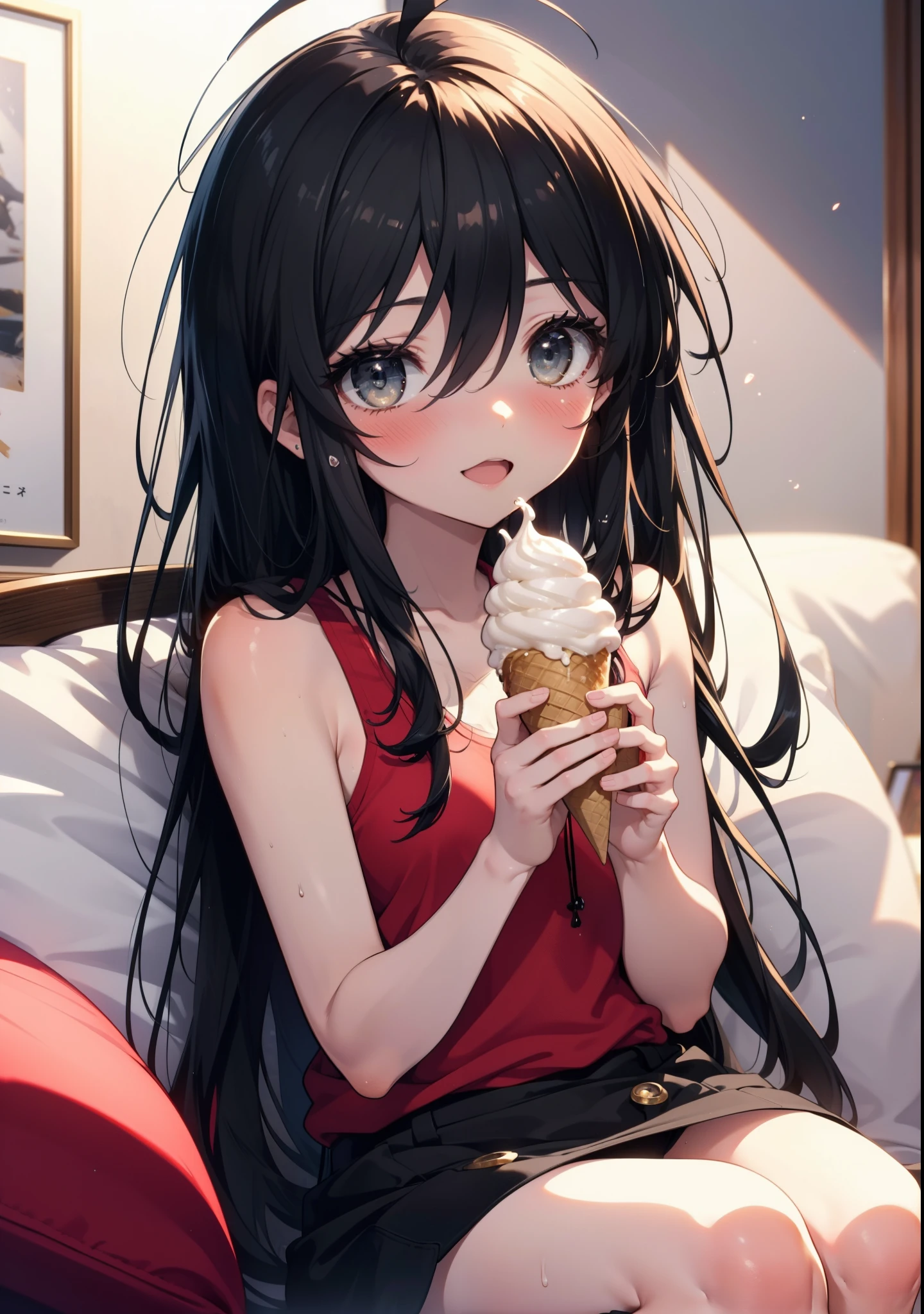 Shana,灼眼のShana,Long Hair, Black Hair, Black eyes, Ahoge,smile,blush,Open your mouth,Red Tank Top,Black string underwear,barefoot,Holding ice cream in both hands,Sitting on the sofa,Daytime,Clear skies,whole bodyがイラストに入るように, break indoors, room, break looking at viewer, whole body, break (masterpiece:1.2), Highest quality, High resolution, unity 8k wallpaper, (shape:0.8), (Beautiful attention to detail:1.6), Highly detailed face, Perfect lighting, Extremely detailed CG, (Perfect hands, Perfect Anatomy),