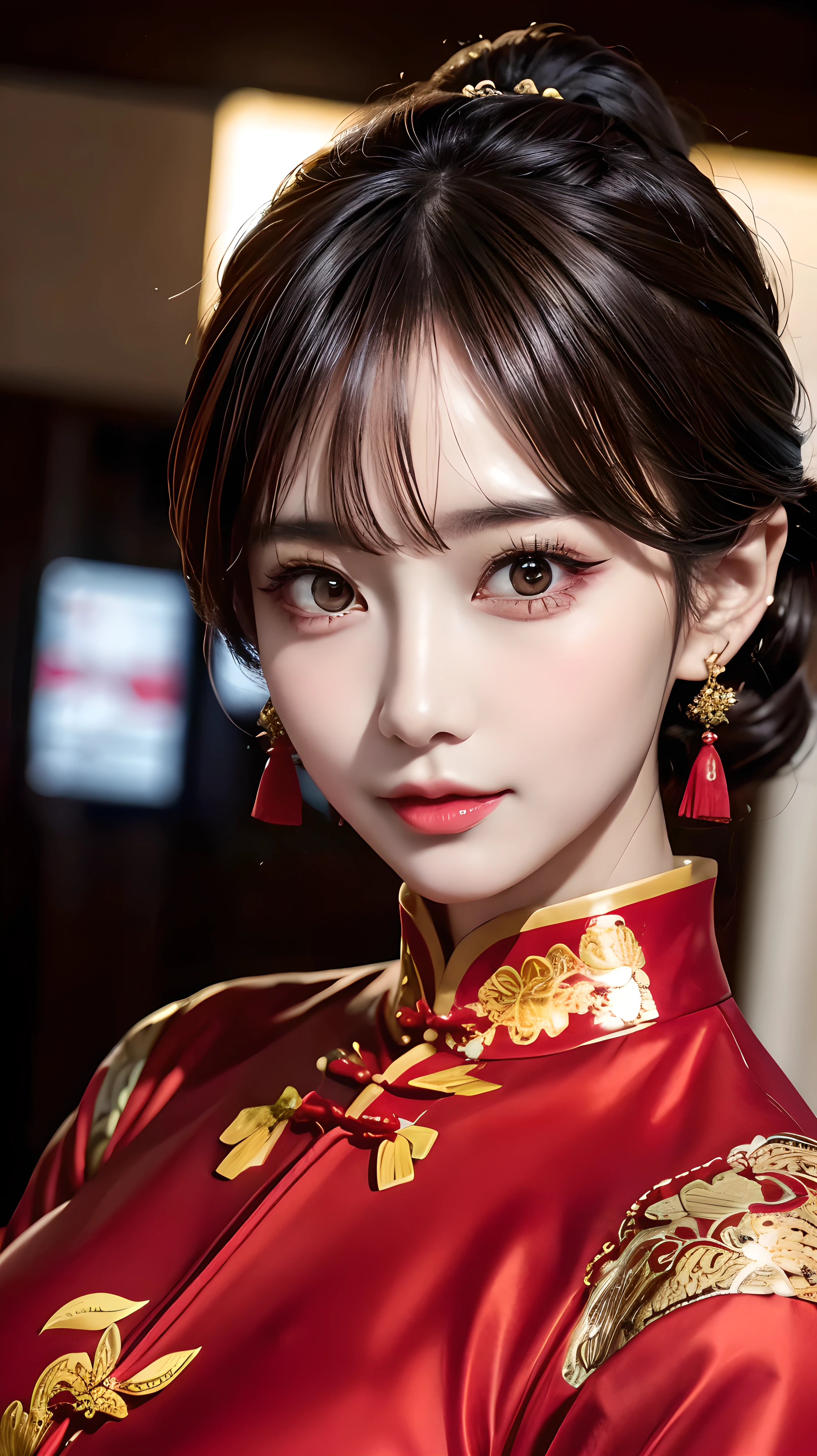 a  Chinese woman wearing a cheongsam,
(((masterpiece))), ((best quality)), ((intricate detailed)), ((Hyperrealistic)), absurd res, milf, mature woman, perspective, highly detailed, illustration, 1girl, ((large breasts)), perfect hands, detailed fingers, beautiful detailed eyes, updo hair, brown eyes,(chinese dress:1.2), earrings, detailed background, perfect eyes, seductive eyes, looking at the viewer, from front,