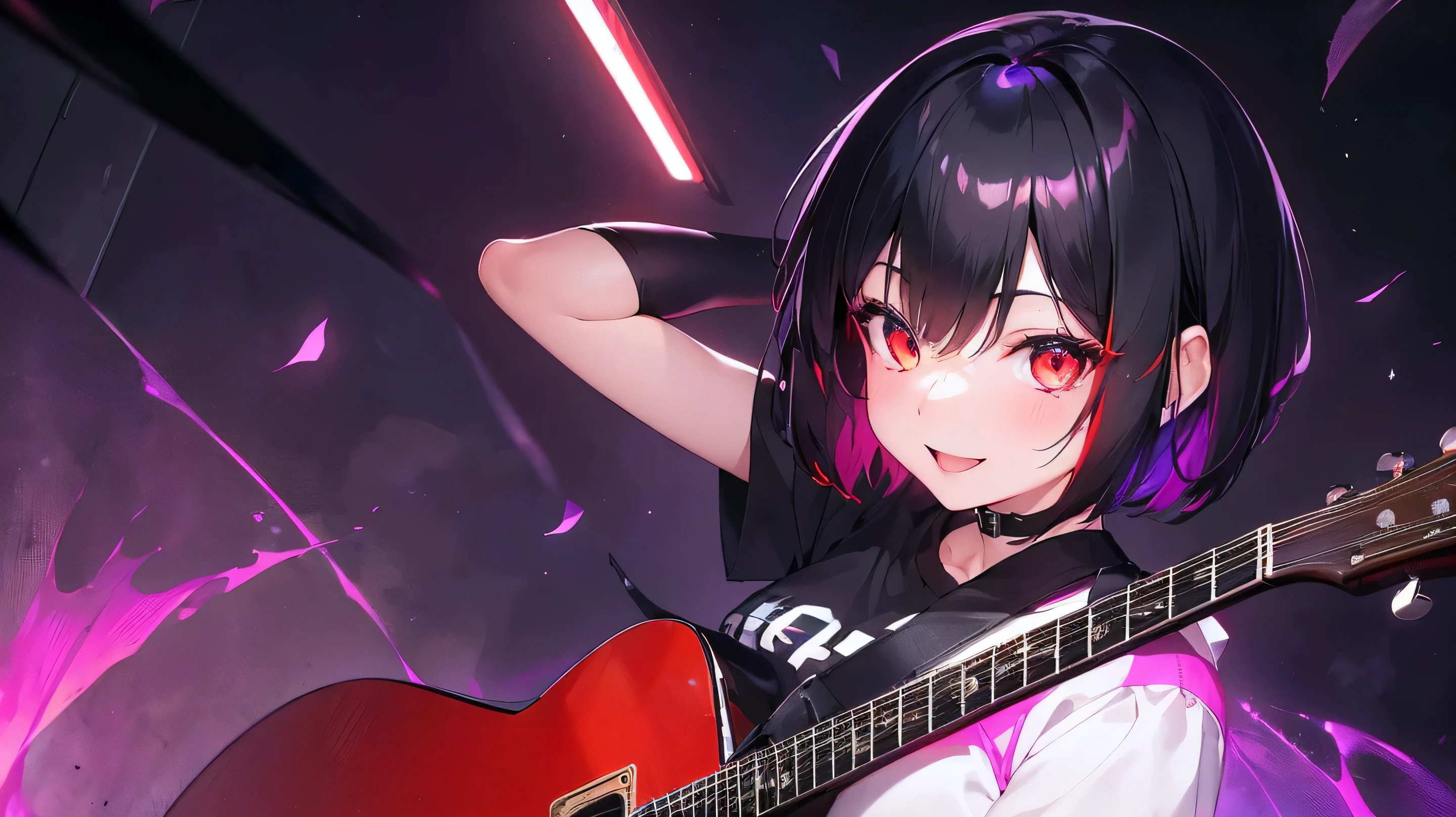 最high quality、Best image quality、masterpiece、girl((Age 25、 By becoming、Best Bust、Mediumバスト、Red glowing eyes,Black Hair、Red Mesh、((Shiny Hair、Shortcuts,Short Hair))Medium、thin,Oversized black t-shirt、smile、Holding the guitar、performance)),high quality、background((In a dark room、Neon Light、purple))Flight、flying debris、Written boundary depth、movie、Visual Arts、Perfect art、8k,Genuine,Headphones
