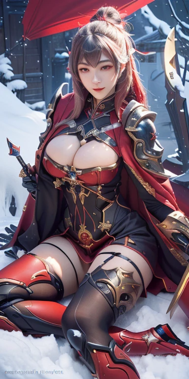 a  picture of a woman with a sword and a red cape, biomechanical oppai, thick smooth warframe thighs, oppai cyberpunk, extremely detailed artgerm, onmyoji, irelia from league of legends, samira from league of legends, sfw version, onmyoji detailed art, from overwatch, succubus in tight short dress