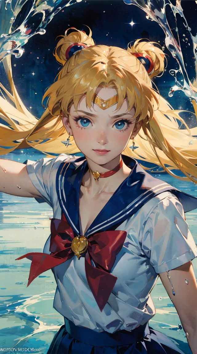 Sailor Moon Style, Portrait of a female anime hero, portrait knights of zodiac girl, today's featured anime still, Official art, knights of zodiac girl, by Sailor Moon, portrait anime space cadet girl, anime still, official anime still, sailor moon aesthetic, Sailor Uniform, official anime artwork　((masterpiece)), (best quality), official art, extremely detailed CG, 
1girl, sailor moon, blue eyes, blonde hair, long hair, hair bun, jewelry, sailor senshi uniform, blue sailor collar, red choker, twintails, red bow, blue skirt, holding binoculars, outdoors, forest,  Realistic portrait of the protagonist of the anime Sailor Moon　(Super detailed,ultra high resolution,detailed background),((2D)),((flat color)),((colorful)),((floating colorful water)),1 girl,alone,looking at the viewer,break　girl, sweat, steam, medium breast, shy, detailed hand, shy, light smile, looking at viewer,masterpiece,best quality, (photorealistic:1.5), (realskin:1.5), 1girl, BRAV5_Realisianv50_PFv30,