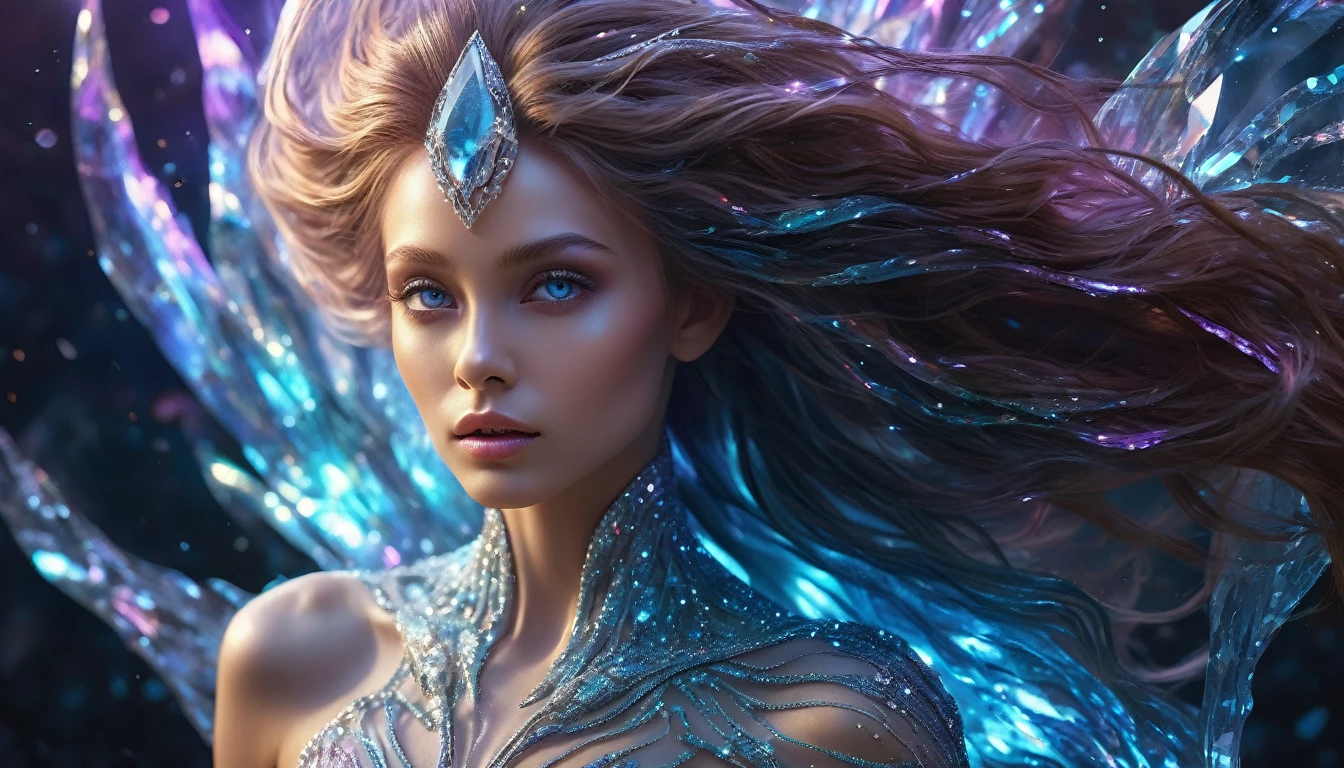 An alien girl whose body is made of minerals, diamond, Topaz, (best quality, highres, ultra-detailed), portraits, vivid colors, studio lighting, realistic, long hair flowing in the wind, sparkling eyes, otherworldly beauty, surreal atmosphere