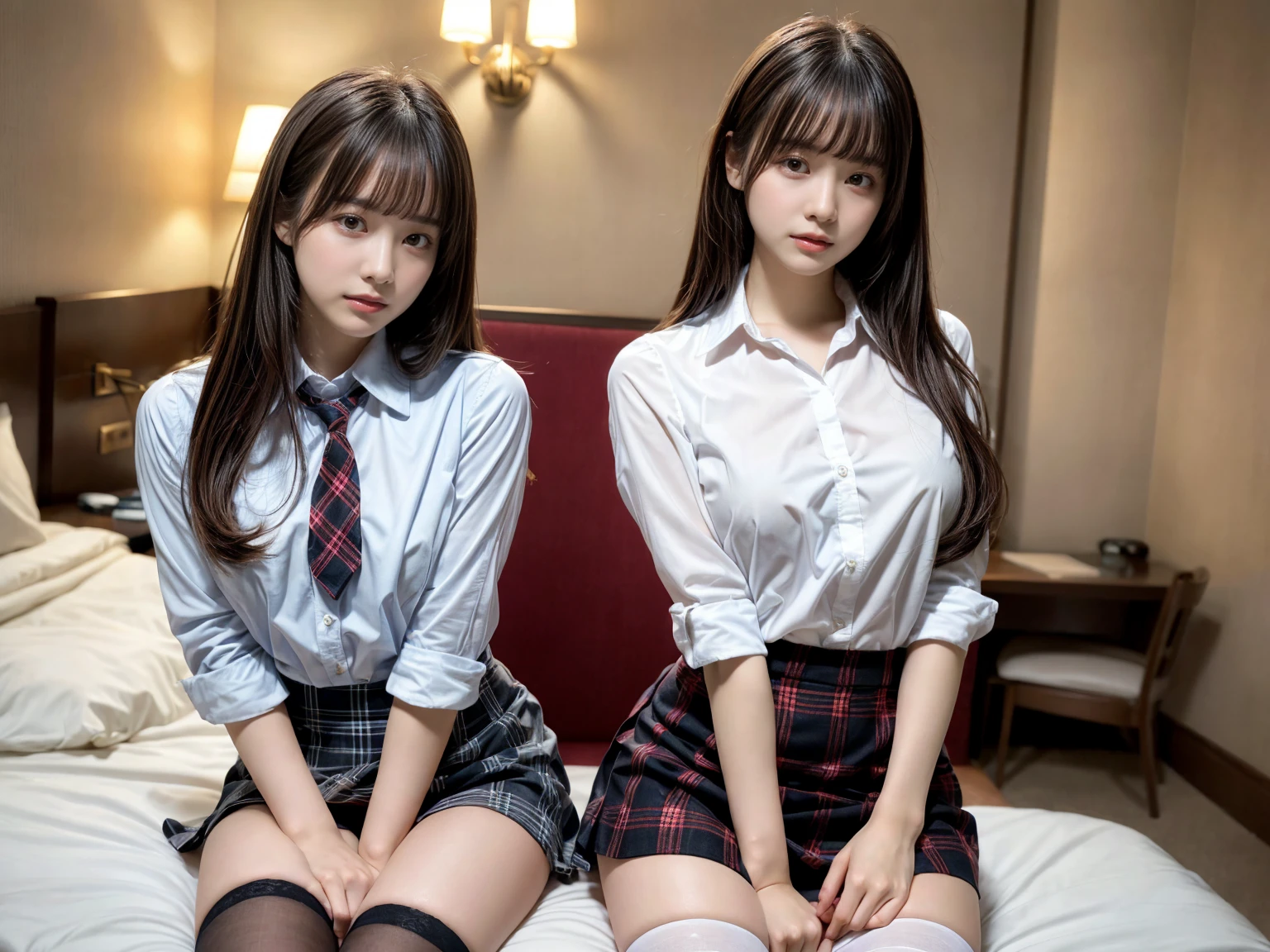 masterpiece, best quality, illustration, Super detailed, fine details, High resolution, 8K,wall paper, perfect dynamic composition,(Details High quality, realistic depiction of eyes:1.3), (2 girls), (white school shirt :1.2), (plaid skirt :1.3), tie black, black thigh-high stockings, sitting, open legs, short bob hair, in a hotel room in the background, deep on field, large breasts, black hair color, Big Natural Color Lip, (perfect body shape), crying a little、Harajuku style、20 year old girl、cute type、beautiful legs, Gravure Idol