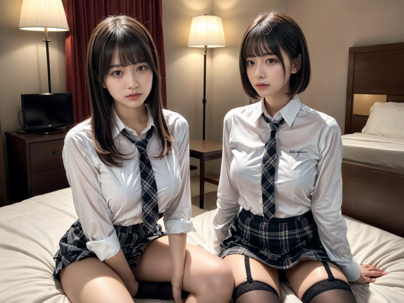 masterpiece, best quality, illustration, Super detailed, fine details, High resolution, 8K,wall paper, perfect dynamic composition,(Details High quality, realistic depiction of eyes:1.3), (2 girls), (white school shirt :1.2), (plaid skirt :1.3), tie black, black thigh-high stockings, sitting, open legs, short bob hair, in a hotel room in the background, deep on field, large breasts, black hair color, Big Natural Color Lip, (perfect body shape), crying a little、Harajuku style、20 year old girl、cute type、beautiful legs, Gravure Idol