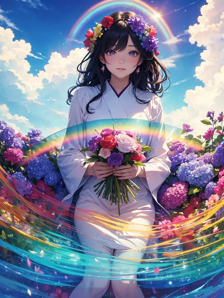 (best quality,4k,8k,highres,masterpiece:1.2),ultra-detailed,beautiful double Rainbows Sky(realistic,photorealistic,photo-realistic:1.37),beautiful illustration,fairy,rainbow-colored,transparent bird wings,blessing,delicate facial features,magical aura,floating in mid-air,feminine Japanese long black hair and purple eyes ethereal,sparkling furisode,vibrant colors,soft lighting, Rainbow Sky
Happybirthday, big flowerbouquet,