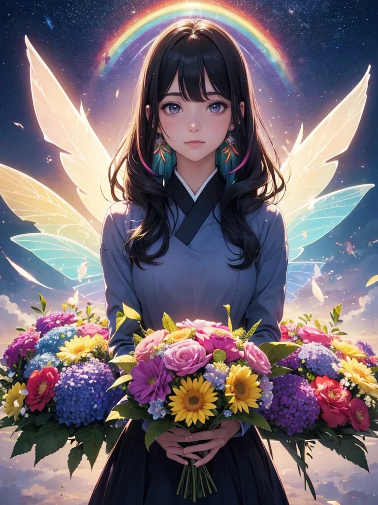 (best quality,4k,8k,highres,masterpiece:1.2),ultra-detailed,beautiful double Rainbows Sky(realistic,photorealistic,photo-realistic:1.37),beautiful illustration,fairy,rainbow-colored,transparent bird wings,blessing,delicate facial features,magical aura,floating in mid-air,feminine Japanese long black hair and purple eyes ethereal,sparkling furisode,vibrant colors,soft lighting, Rainbow Sky
Happybirthday, big flowerbouquet,