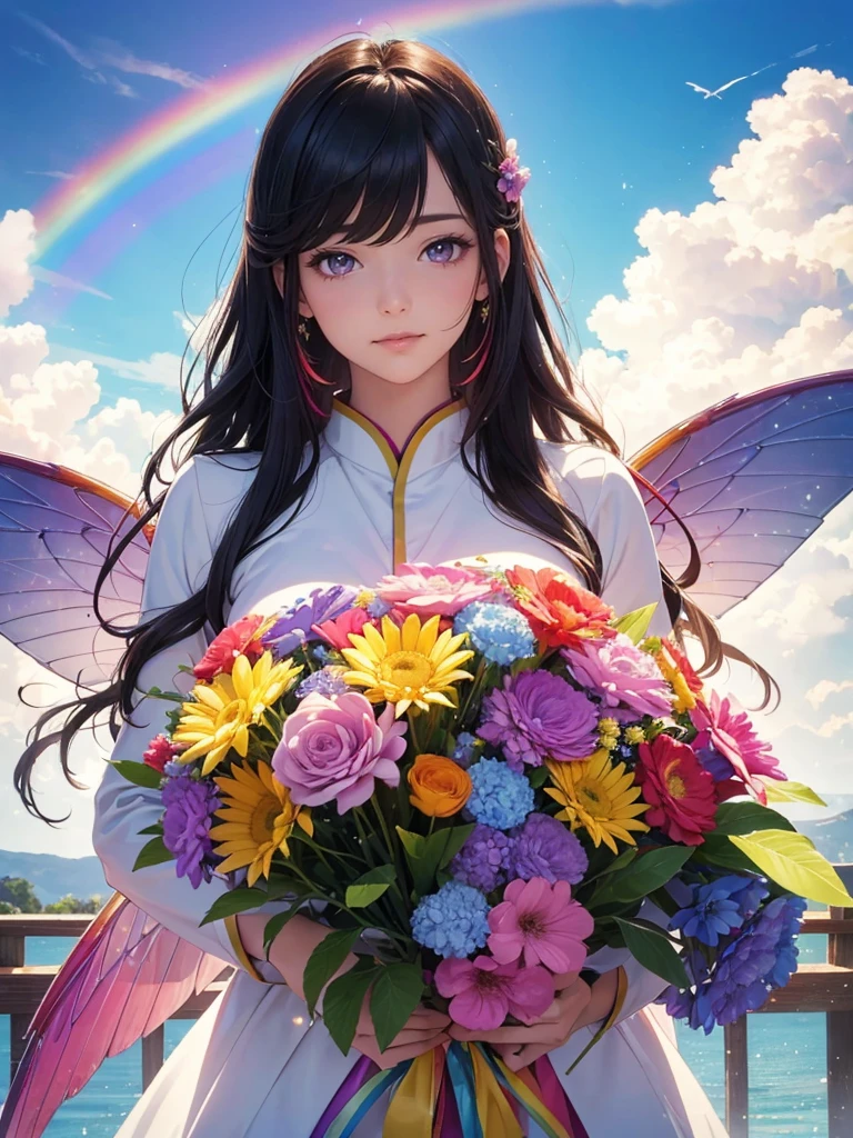 (best quality,4k,8k,highres,masterpiece:1.2),ultra-detailed,beautiful double Rainbows Sky(realistic,photorealistic,photo-realistic:1.37),beautiful illustration,fairy,rainbow-colored,transparent bird wings,blessing,delicate facial features,magical aura,floating in mid-air,feminine Japanese long black hair and purple eyes ethereal,sparkling furisode,vibrant colors,soft lighting, Rainbow Sky
Happybirthday, big flowerbouquet,