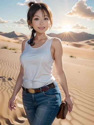 (8k, RAW photo, best quality, masterpiece), (photo realistic), outstanding details, ultra-high resolution, anatomically correct, textured skin, 

(cowboy shot:1.4),  
1 cute japanese woman, 30 years old, (walking pose:1.4),

(medium breasts:1.4), (Plump arms:1.6), (Plump hips:0.1),

(happy smile:1.2), (Mouth slightly open), looking at viewer, 
(Downturned Eyes:1.6), pupils sparkling, Cute and small duck mouth, small and cute nose, thin lips, thin eyebrows, 

dark brown hair, (very short low ponytail:1.6), (very short hair:1.6), swept bangs, 

wearing Blue clothing of the desert people, 
 beautiful Earrings, 

(background Endless sand dunes), 
atmospheric perspective, depth of field, 
(backlighting), 
reflection light from below, 
(dramatic lighting), cinematic lighting,  dreamy atmosphere, animated expression,