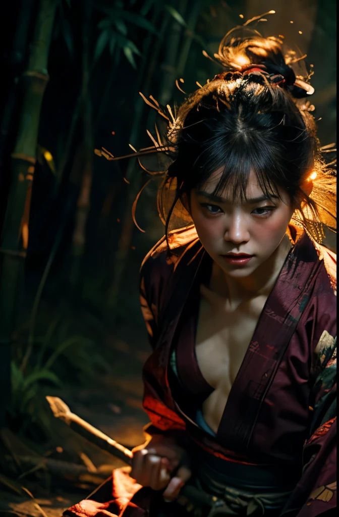 (masterpiece:1.2),(Best image quality,4K,8k,High resolution),Super Detail,(Realistic,Realistic,Realistic:1.37),Ninja girl captured by the enemy, Delicate brushwork, Elaborate kimono, Sharp Eye, Delicate facial features, Flowing black hair, Hidden weapons, Bamboo forest background, Tied up with rough rope, Kneel, costume Half torn, Dark and mysterious atmosphere, Graceful Movement, Delicate lighting, moving composition, Half torn. Tied up with rough rope背景, costume Half torn, Dark Mysterious Atmosphere, Graceful Movement, Delicate lighting, moving composition, Vibrant colors, traditional Japanese painting style, Harmonious tone, Red and Black