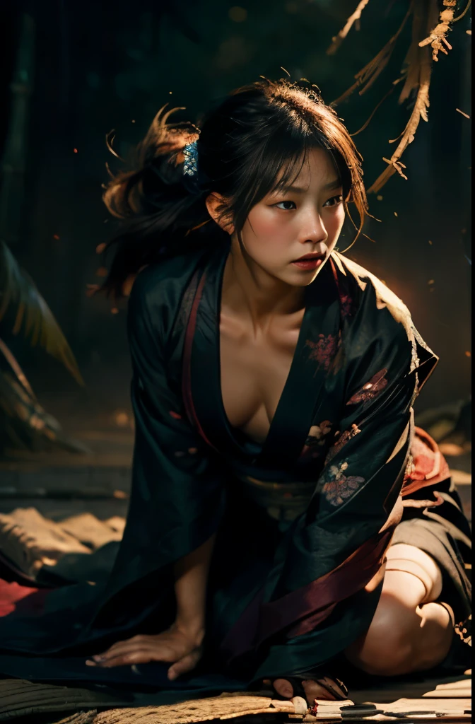 (masterpiece:1.2),(Best image quality,4K,8k,High resolution),Super Detail,(Realistic,Realistic,Realistic:1.37),Ninja girl captured by the enemy, Delicate brushwork, Elaborate kimono, Sharp Eye, Delicate facial features, Flowing black hair, Hidden weapons, Bamboo forest background, Tied up with rough rope, Kneel, costume Half torn, Dark and mysterious atmosphere, Graceful Movement, Delicate lighting, moving composition, Half torn. Tied up with rough rope背景, costume Half torn, Dark Mysterious Atmosphere, Graceful Movement, Delicate lighting, moving composition, Vibrant colors, traditional Japanese painting style, Harmonious tone, Red and Black